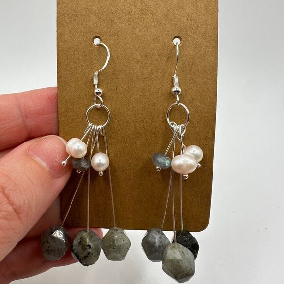 3" long faceted labradorite beads with freshwater pearls dangle earrings! - Picture 7 of 12